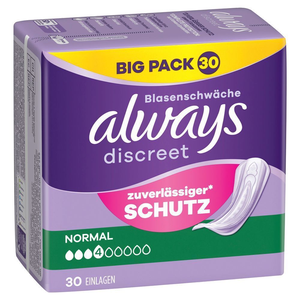 Always Discreet Einlagen für Blasenschwäche, Normal, 4 Tropfen, Big Pack mit 30 Stück, Zuverlässiger Schutz;