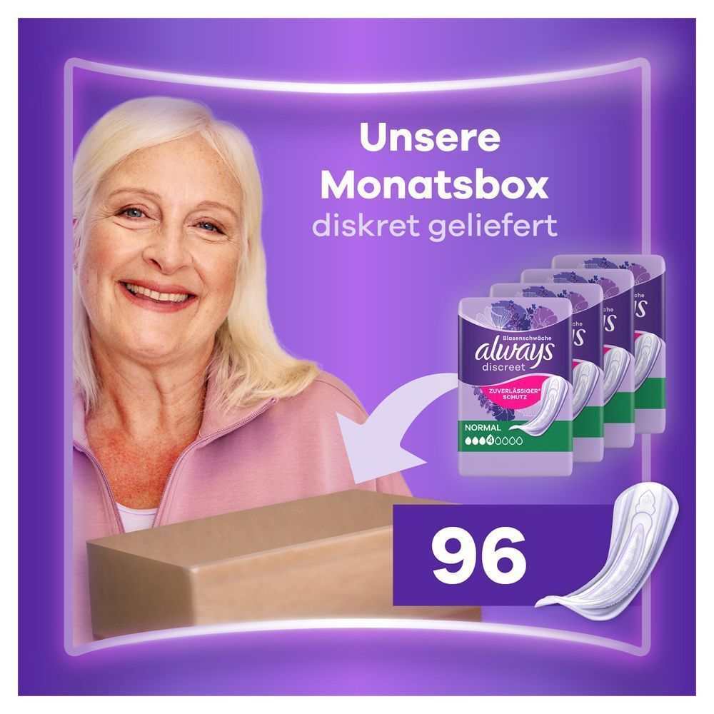 Always Discreet Monatspaket mit diskreter Lieferung und dem Hinweis auf zuverlässigen Schutz bei Blasenschwäche.