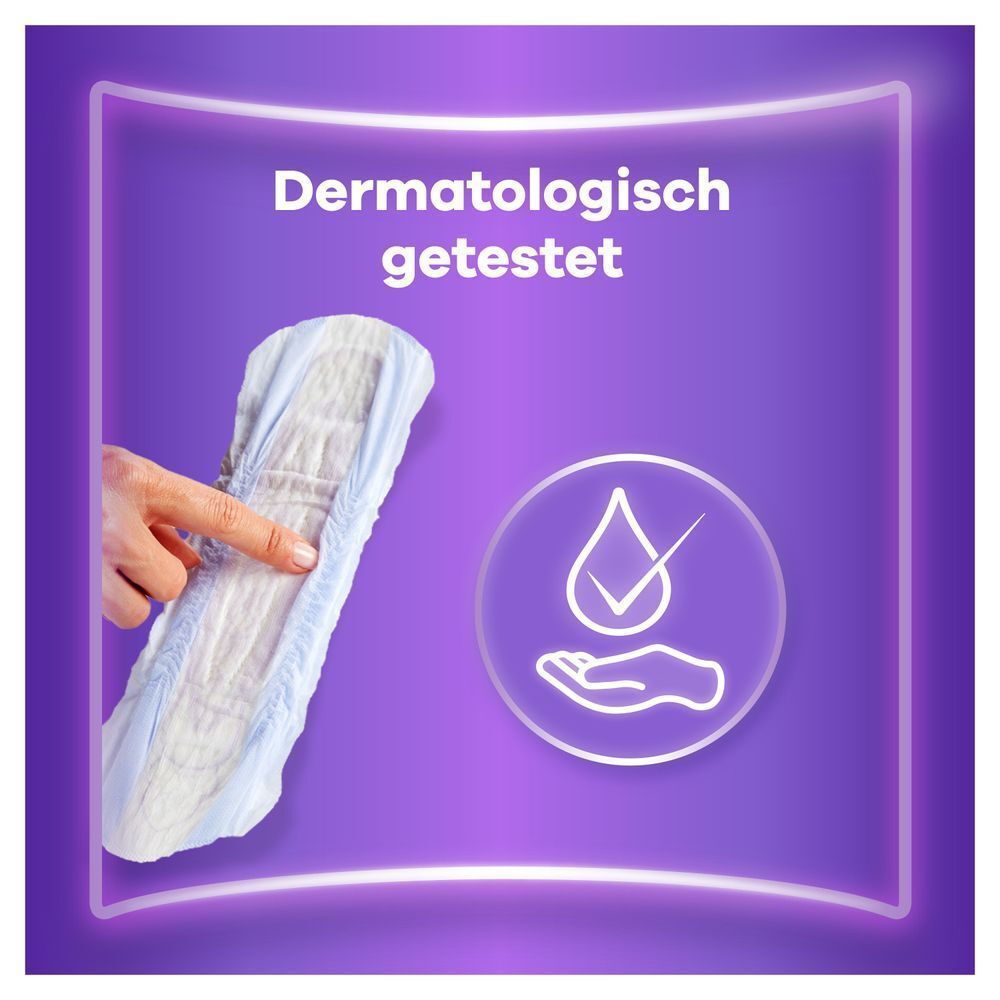 Always Einlage, dermatologisch getestet, mit Symbol für sanfte Hautverträglichkeit und einer Hand, die auf die Oberfläche zeigt.
