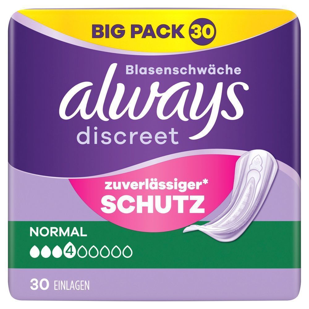 Always Discreet pads, size normal, 4 drops, 30 count, without wings, sensitive bladder, complete protection. Plastic pack front pane l in purple, Always logo dark purple. Big pack highlighted at the top in purple caps on a yellow banner.