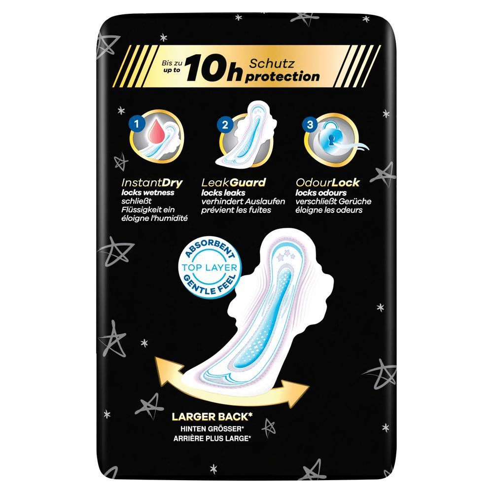 Always Ultra Night Binden Verpackung, bis zu 10 Stunden Schutz, hinten größer, schließt Flüssigkeiten ein, verhindert Auslaufen, verschließt Gerüche;