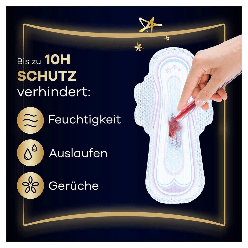 Always Binden mit Flüssigkeitstest, demonstriert den Schutz vor Feuchtigkeit, Auslaufen und Gerüchen bis zu 10 Stunden.