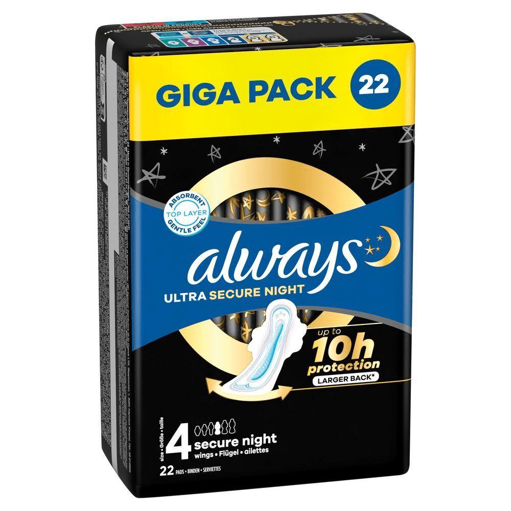 Always Ultra Night Binden, Größe 4 Secure Night, Giga Pack mit 22 Stück, 3-fach Schutz: Sofort-Trocken, Auslaufschutz und neutralisiert Gerüche;