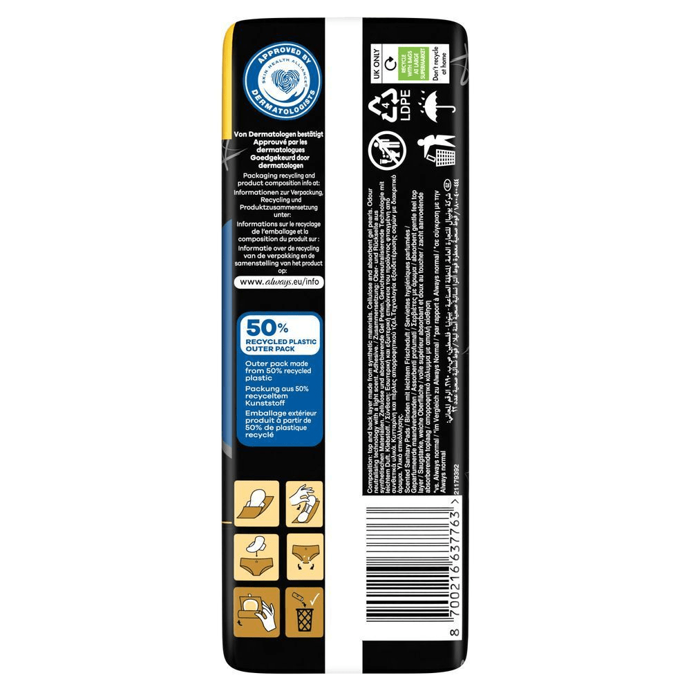 Always Ultra Night Binden Verpackung, hervorgehoben mit dem Hinweis, dass die äußere Verpackung aus 50% recyceltem Kunststoff besteht.;