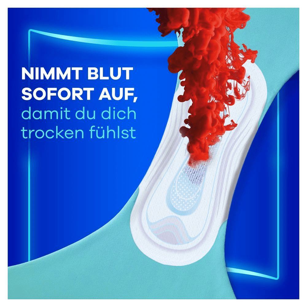 Always Binde demonstriert, wie sie Blut sofort aufnimmt, damit du dich trocken fühlst.