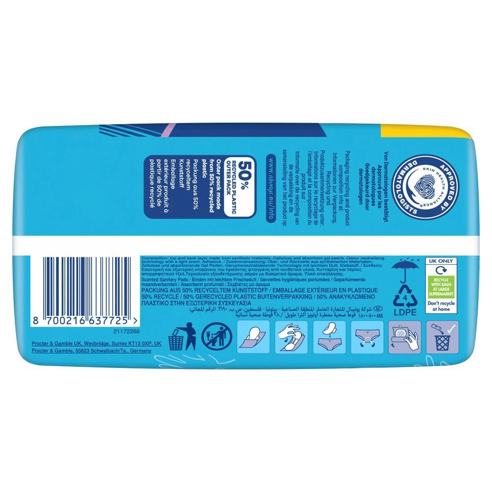 Always Ultra Day Binden Verpackung, die hervorhebt, dass die äußere Verpackung aus 50% recyceltem Kunststoff besteht.;
