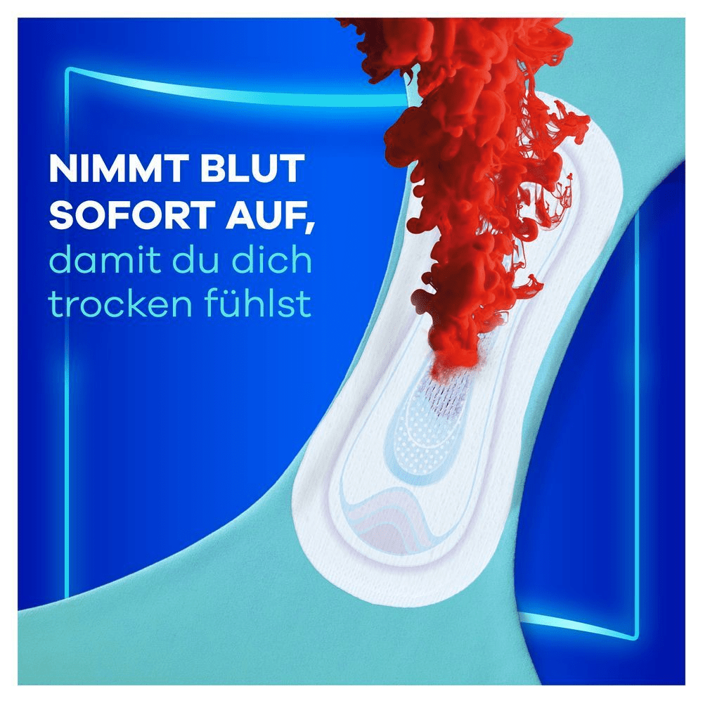 Always Binde demonstriert die sofortige Absorption von Blut, damit du dich trocken fühlst.
