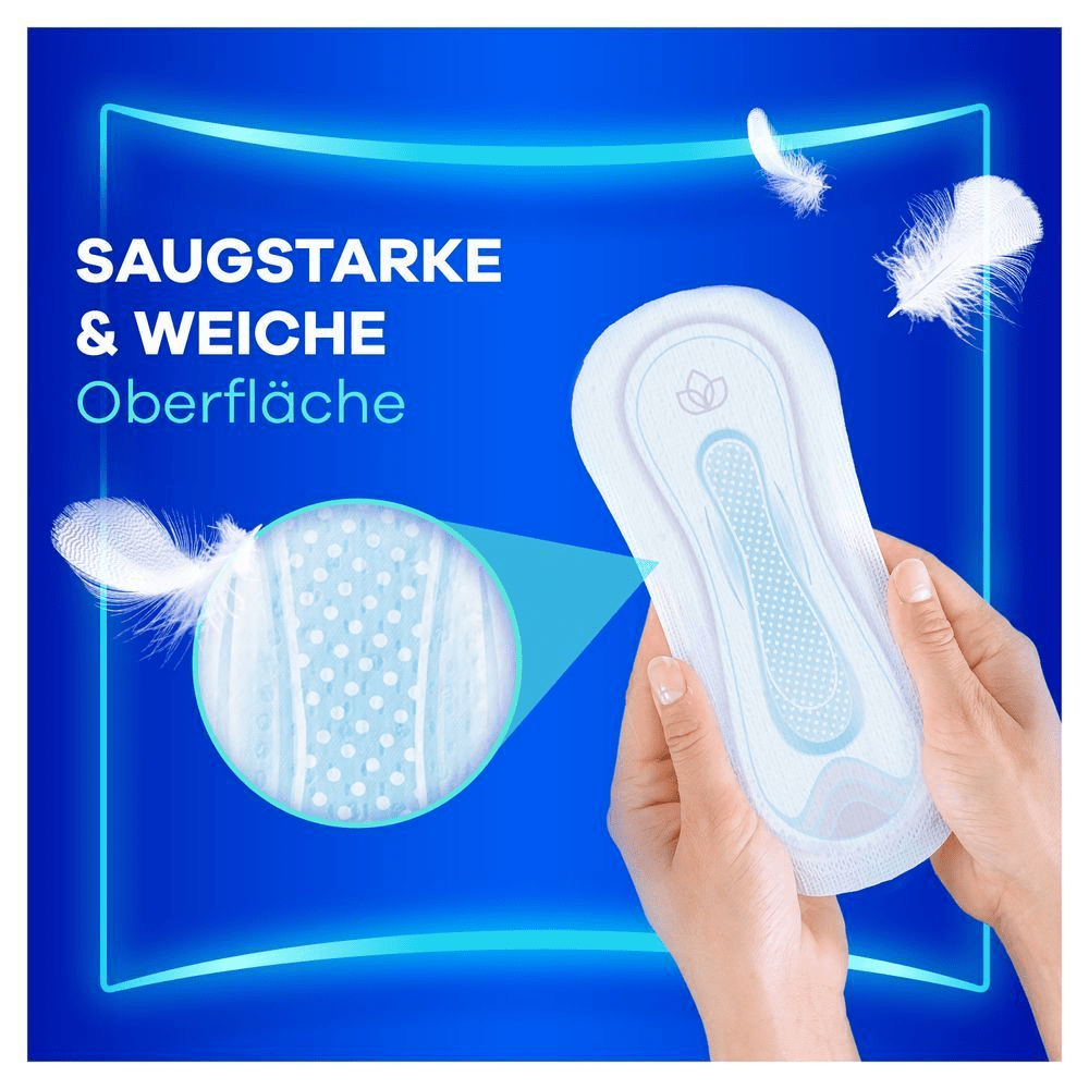 Always Binden werden von Händen gehalten, wobei eine Vergrößerung die saugstarke und weiche Oberfläche hervorhebt.