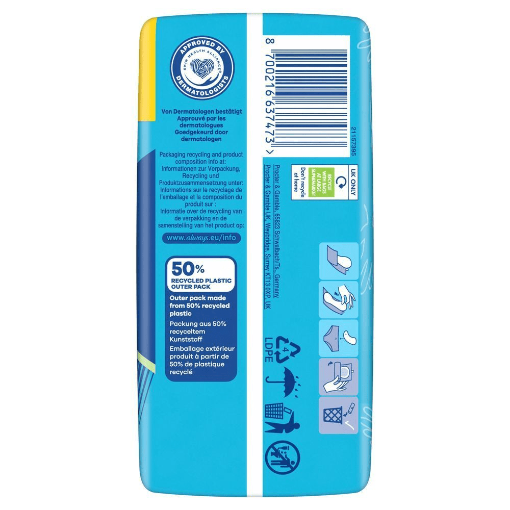 Always Ultra Day Binden Verpackung mit dem Hinweis, dass die Außenverpackung aus 50% recyceltem Kunststoff besteht.;