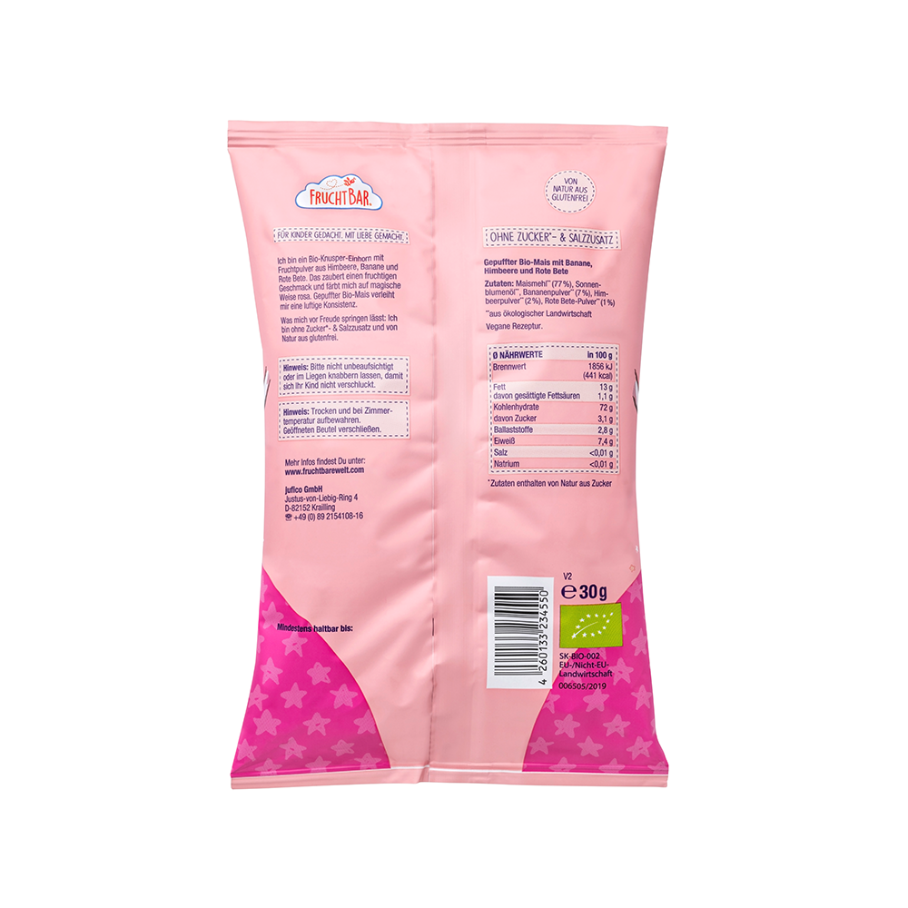 Bild: FruchtBar Bio Knusper Einhörner Banane, Himbeere und Rote Bete 