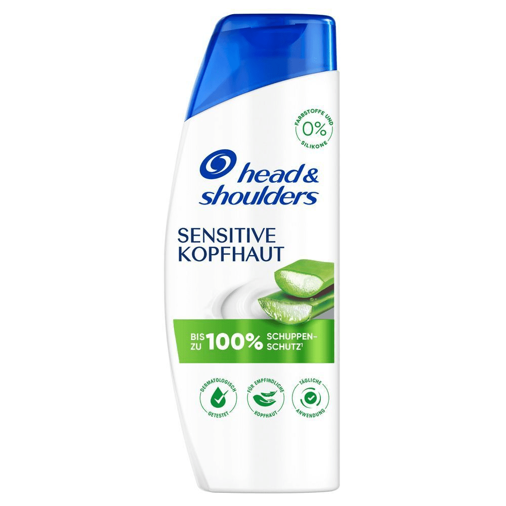Head & Shoulders SENSITIVE KOPFHAUT Anti-Schuppen Shampoo mit Aloe Vera, bewirbt bis zu 100% Schuppen-Schutz und 0% Farbstoffe und Silikone.