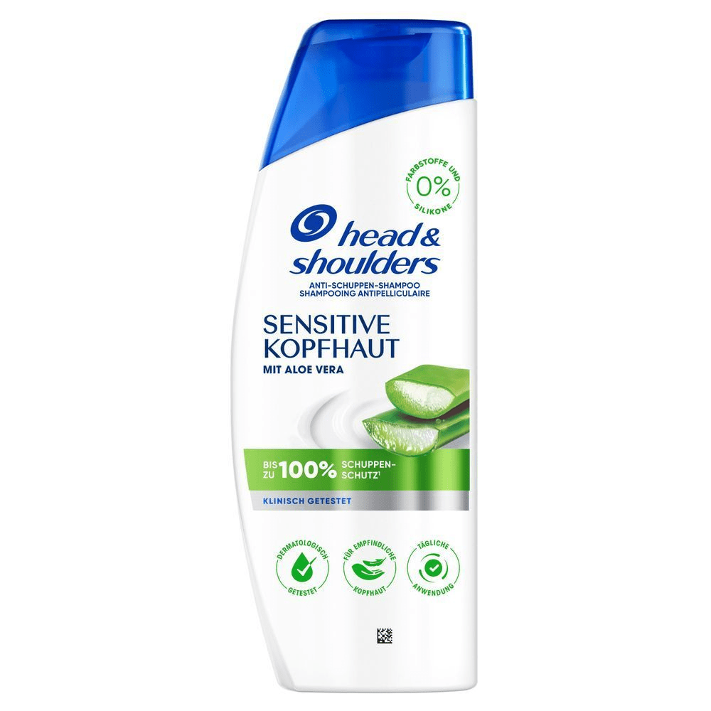 Head & Shoulders Anti-Schuppen Shampoo Sensitive Kopfhaut mit Aloe Vera, bietet bis zu 100% Schuppen-Schutz und ist frei von Farbstoffen und Silikonen.
