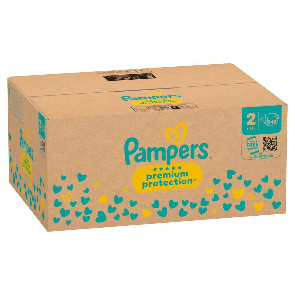 Pampers Premium Protection Windeln im Karton, Größe 2 (4-8 kg), mit 240 Stück. [IT] Pampers Premium Protection, taglia 2 (4-8 kg), confezione da 240 pannolini, che evidenzia la promozione per guadagnare pannolini gratis con Pampers Club.