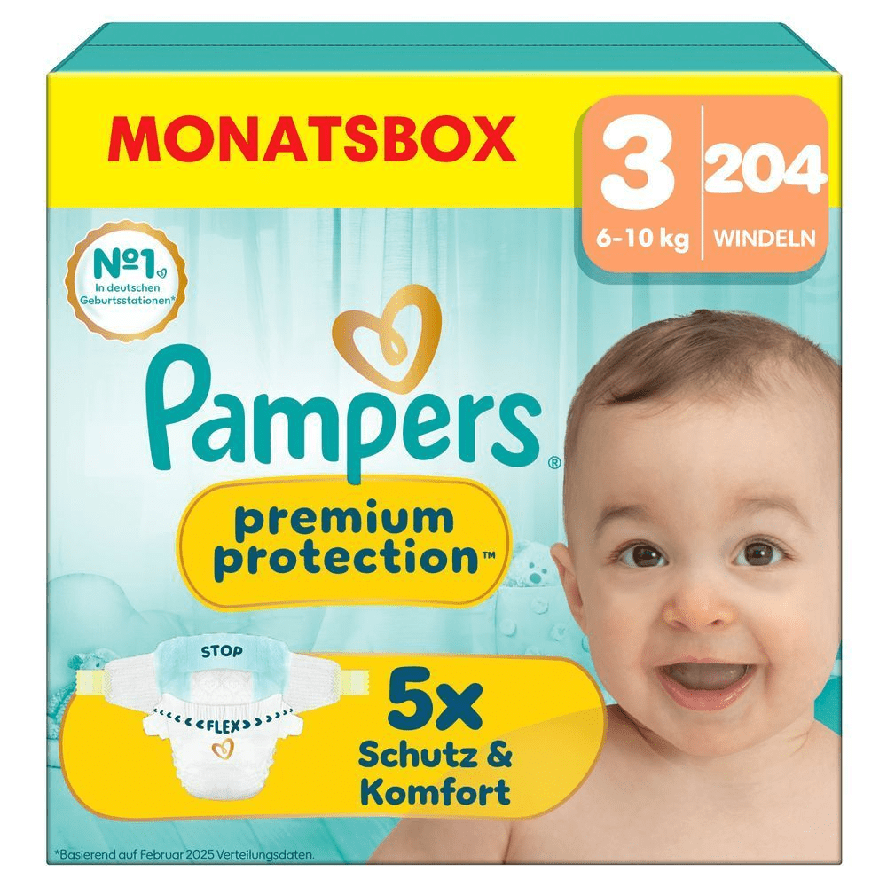 Pampers Premium Protection Monatsbox, Größe 3, 204 Windeln, mit 5x Schutz & Komfort. [IT] Pampers Premium Protection, confezione mensile da 204 pannolini, taglia 3 (6-10 kg), con 5 volte più protezione e comfort.;
