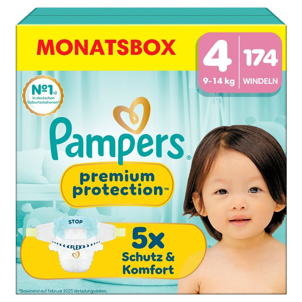 Pampers Premium Protection Monatsbox, Größe 4, 174 Windeln, mit 5x Schutz & Komfort. [IT] Pampers Premium Protection taglia 4, confezione da 174 pannolini, che evidenzia la dicitura "5x protezione e comfort".;