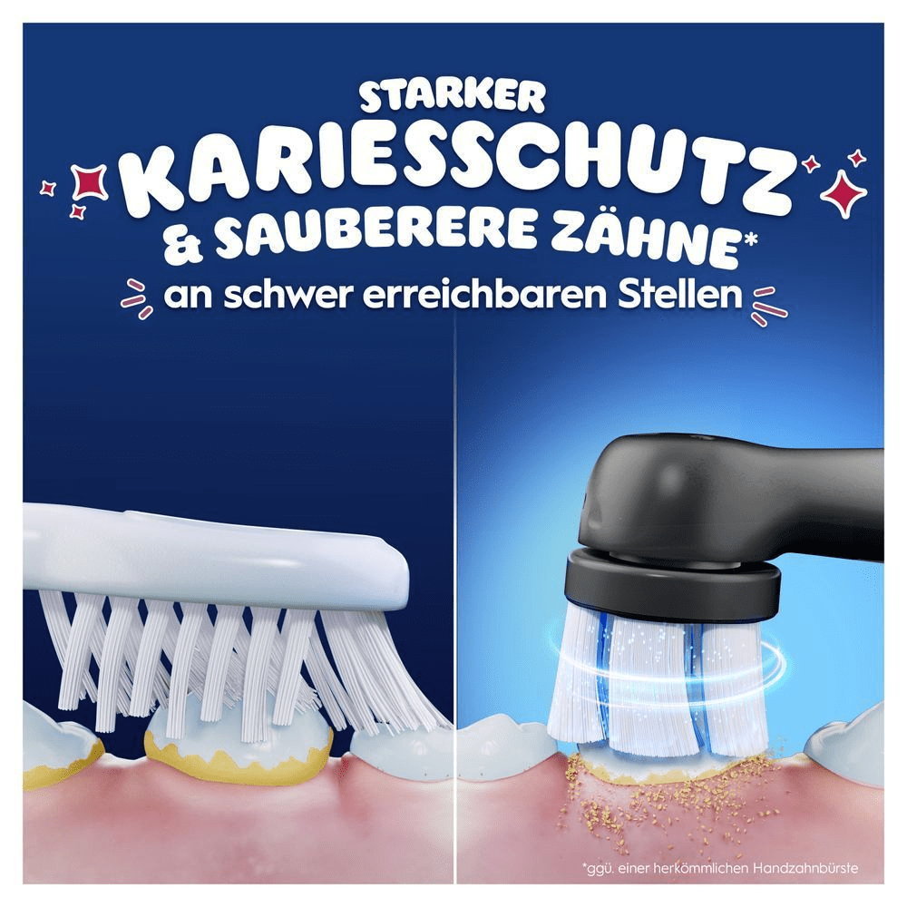 Elektrische Zahnbürste vs. Handzahnbürste und Text: Starker Kariessschut, sauberere Zähne