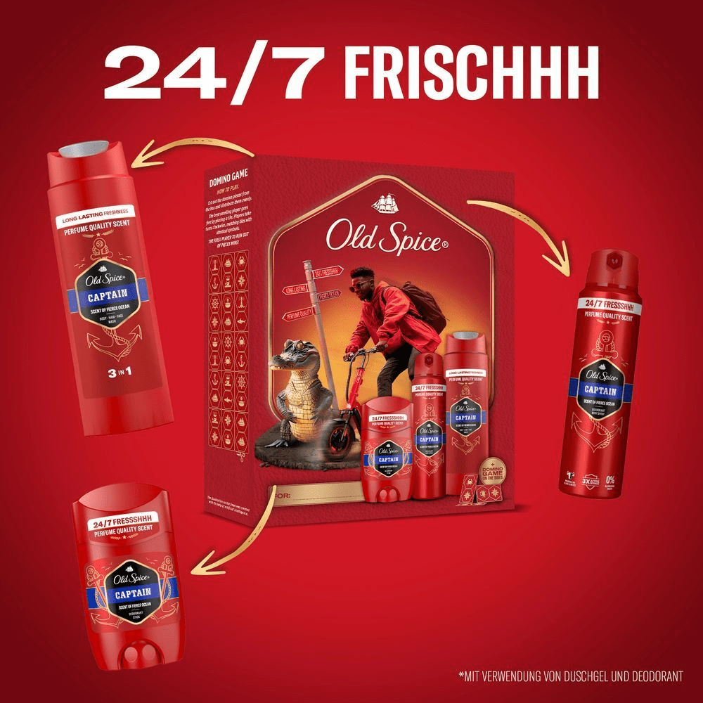 Old Spice Captain Geschenkset mit Duft von Fierce Ocean, inklusive Duschgel, Deospray und Deostift, prÃ¤sentiert in einer Geschenkbox mit Dominospiel.