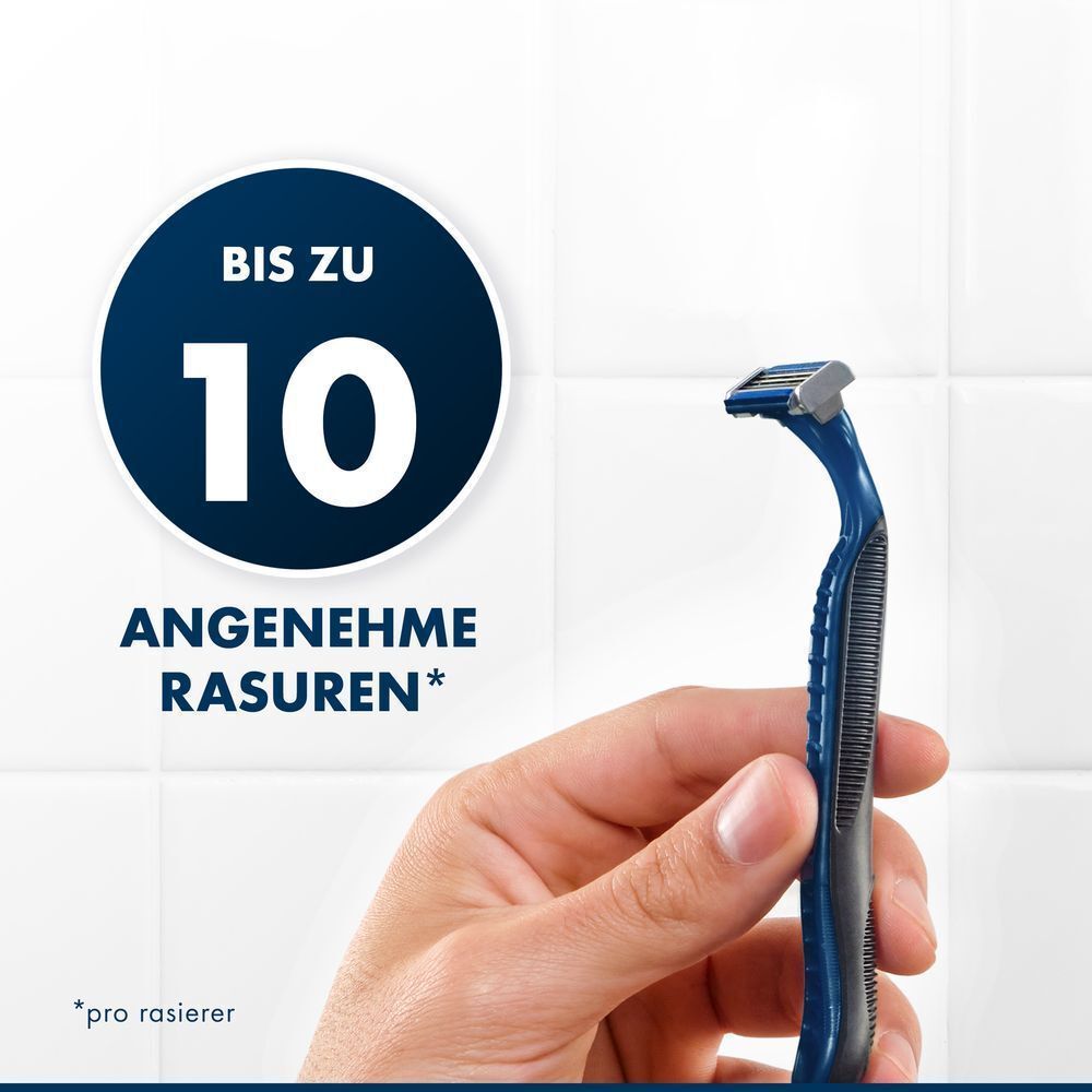 Bis zu 10 angenehme Rasuren mit dem Blue 3 Rasierer, wie visuell hervorgehoben.
