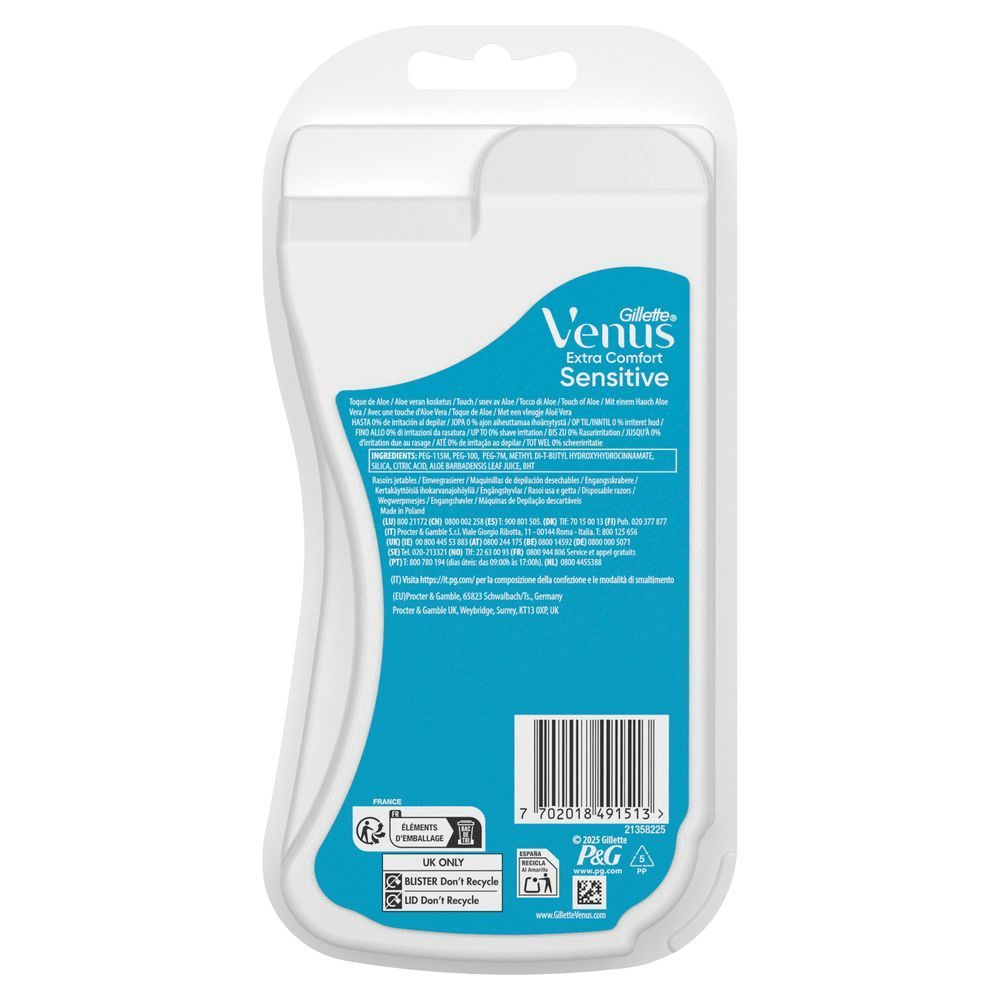 Venus Extra Comfort Sensitive Rasierer-Verpackung, die den Anspruch von bis zu 0 % Rasurirritationen hervorhebt. [EN] Venus Extra Comfort Sensitive razor packaging, highlighting the claim of up to 0% irritation. [DA] Gillette Venus Extra Comfort Sensitive skraber, der fremhæver op til 0% irritation ved barbering. [SV] Gillette Venus Extra Comfort Sensitive rakhyvlar, förpackning som framhäver att produkten innehåller en touch av aloe och ger upp till 0% irritation. [IT] Gillette Venus Extra Comfort Sensitive, confezione che evidenzia la formula Tocco di aloe e la promessa di Fino allo 0% di irritazioni da rasatura. [FI] Gillette Venus Extra Comfort Sensitive -höylän pakkaus, jossa korostetaan jopa 0 % ihoärsytystä ajettaessa. [NO] Gillette Venus Extra Comfort Sensitive barberhøvel-pakning, fremhever påstanden om opptil 0 % irritasjon ved barbering.