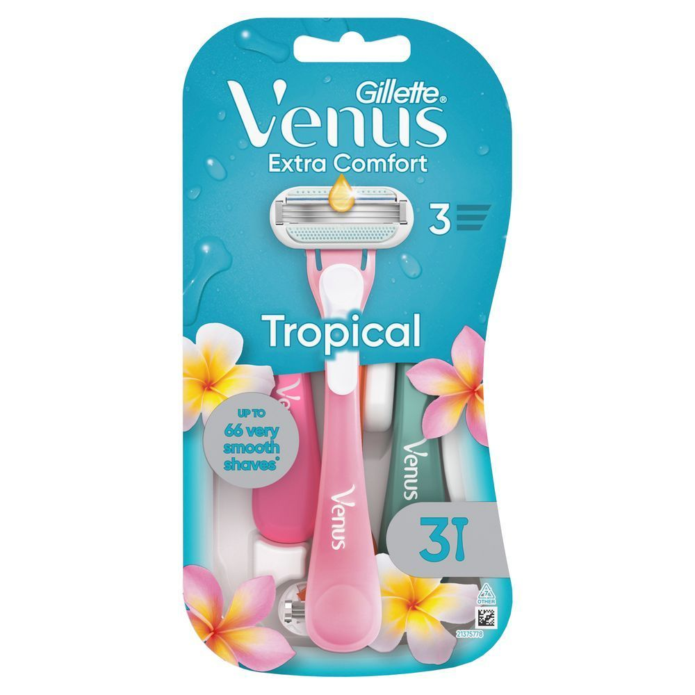 Venus Extra Comfort Tropical Rasierer, 3 Stück, Verpackung mit dem Hinweis Bis zu 66 sehr sanfte Rasuren. [IT] Gillette Venus Extra Comfort Tropical, confezione da 3 rasoi, che promette fino a 66 rasature molto delicate.