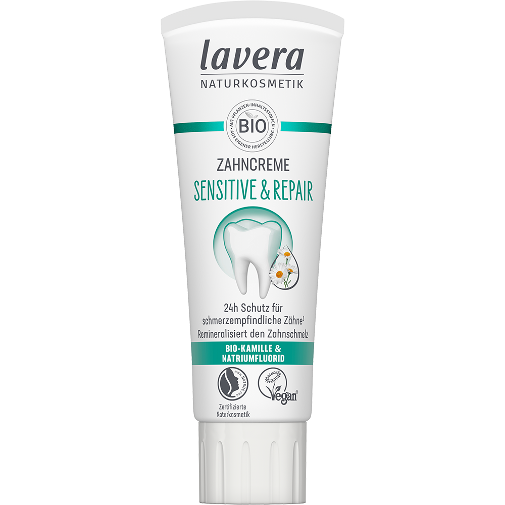Bild: lavera Zahncreme Sensitive und Repair Bio-Kamille und Natriumfluorid 