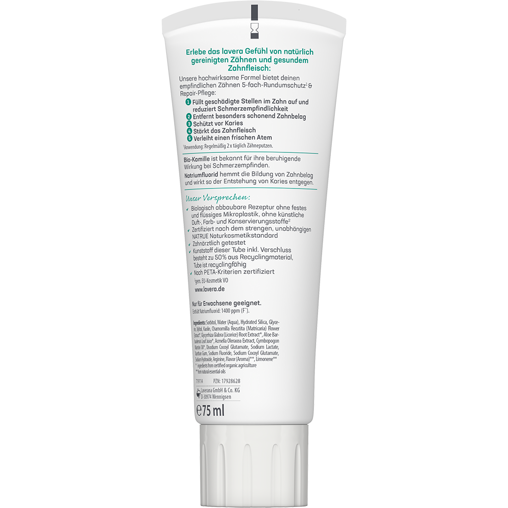 Bild: lavera Zahncreme Sensitive und Repair Bio-Kamille und Natriumfluorid 