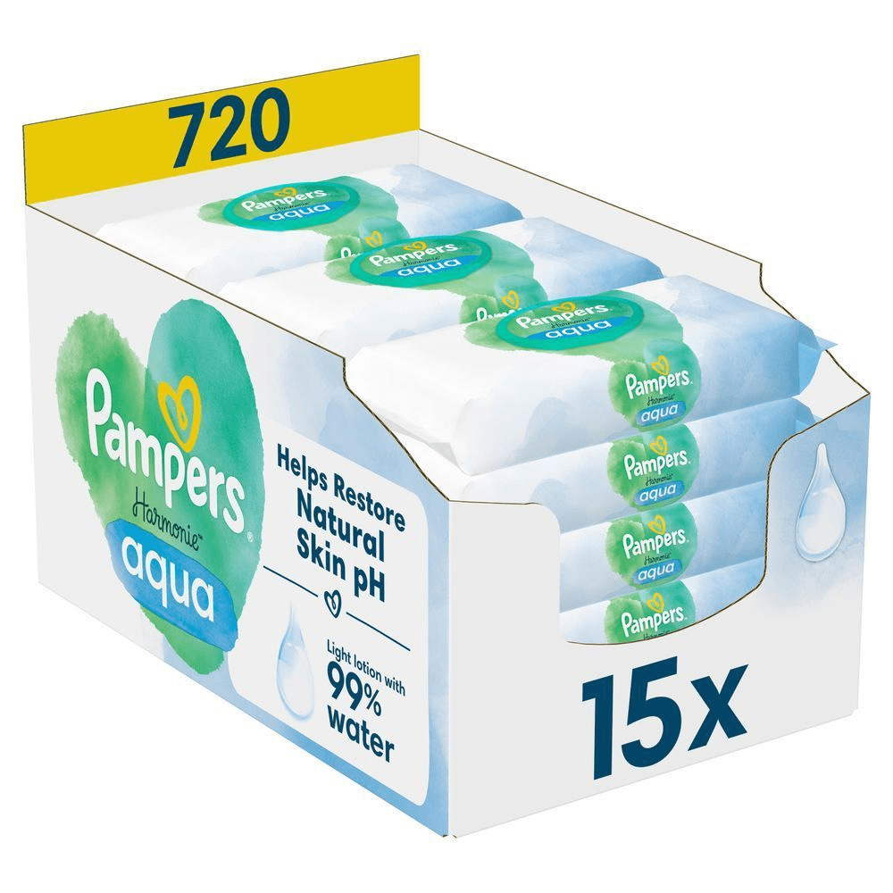 Pampers Harmonie Aqua Feuchttücher, 15er Pack mit je 48 Tüchern, hervorgehoben wird der Produktvorteil: Hilft, den natürlichen pH-Wert der Haut wiederherzustellen und leichte Lotion mit 99% Wasser. [RO] Pampers Harmonie Aqua, cutie cu 15 pachete de șervețele umede, loțiune delicată cu 99% apă. [IT] Pampers Harmonie Aqua, confezione da 15 pacchi, con formula che aiuta a ripristinare il pH naturale della pelle. [HR] Pampers Harmonie Aqua vlažne maramice, pakiranje od 15 komada, formulirane s laganim losionom koji sadrži 99% vode. [CS] Pampers Harmonie Aqua vlhčené ubrousky, balení 15x, s lehkým lotionem obsahujícím 99 % vody, pomáhá obnovit přirozené pH pokožky. [HU] Pampers Harmonie Aqua törlőkendők, 15 csomag, a csomagoláson a 99%-os víztartalom kiemelve. [SK] Pampers Harmonie Aqua vlhčené obrúsky, balenie 15 kusov, s jemným pleťovým mliekom s 99% obsahom vody. [SL] Pampers Harmonie Aqua robčki, pakiranje s 15 paketi, ki vsebujejo 99% vode in pomagajo obnoviti naravni pH kože.;