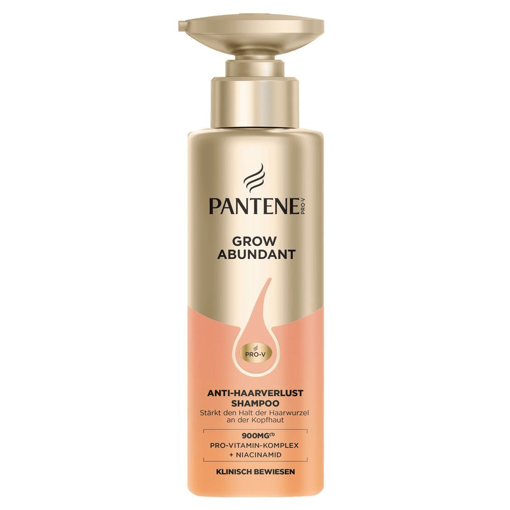 Pantene Pro-V Grow Abundant Anti-Haarverlust Shampoo, das den Halt der Haarwurzel an der Kopfhaut stärkt, klinisch bewiesen.