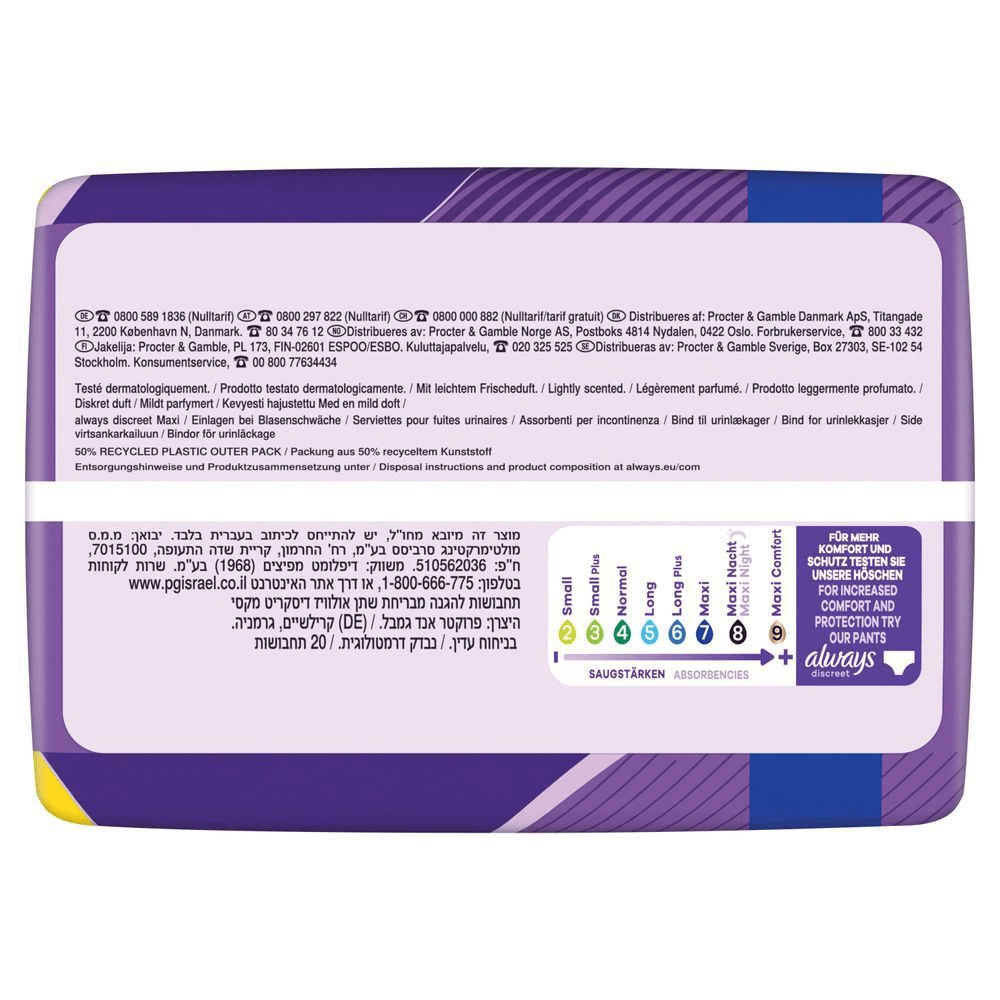 Always Discreet Maxi Einlagen Verpackung, hervorhebend Saugstärke Maxi Comfort (Stufe 9) und die Empfehlung für Höschen.