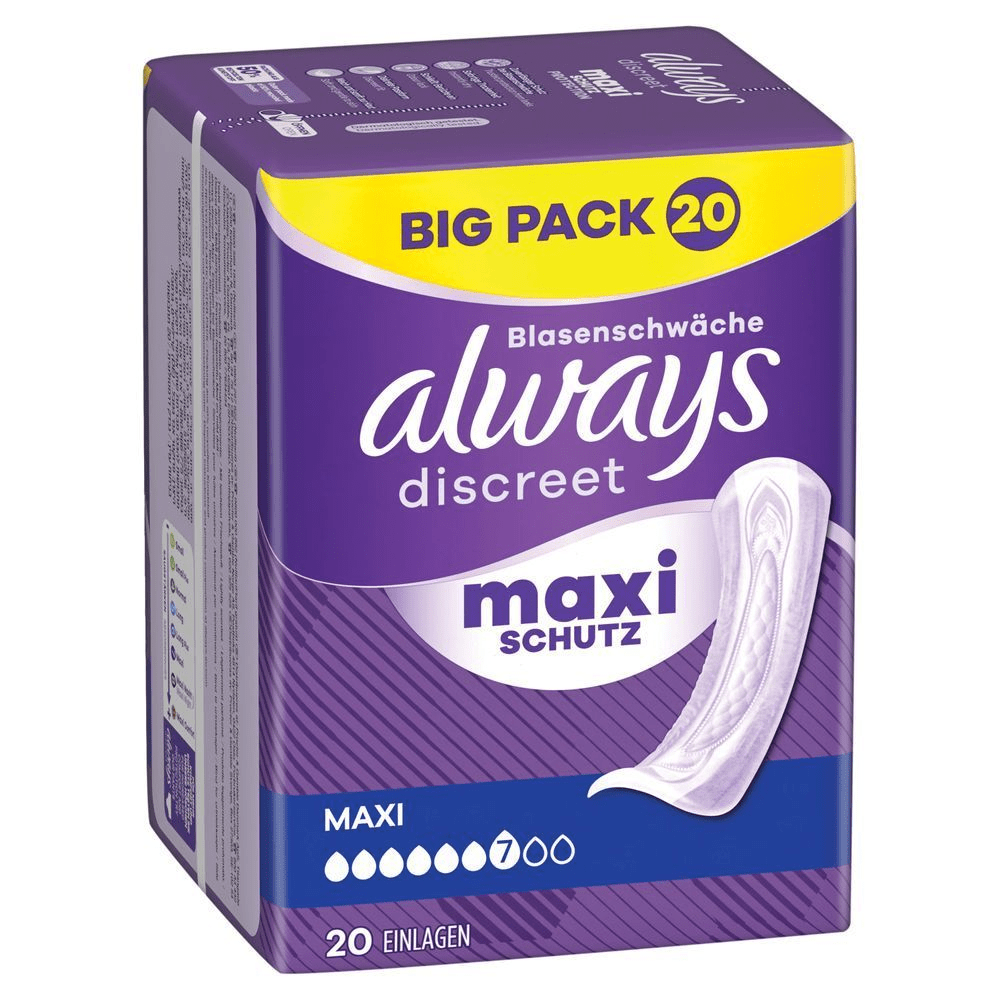 Always Discreet Maxi Einlagen Big Pack mit 20 Stück für Blasenschwäche und 7 Tropfen Schutz.