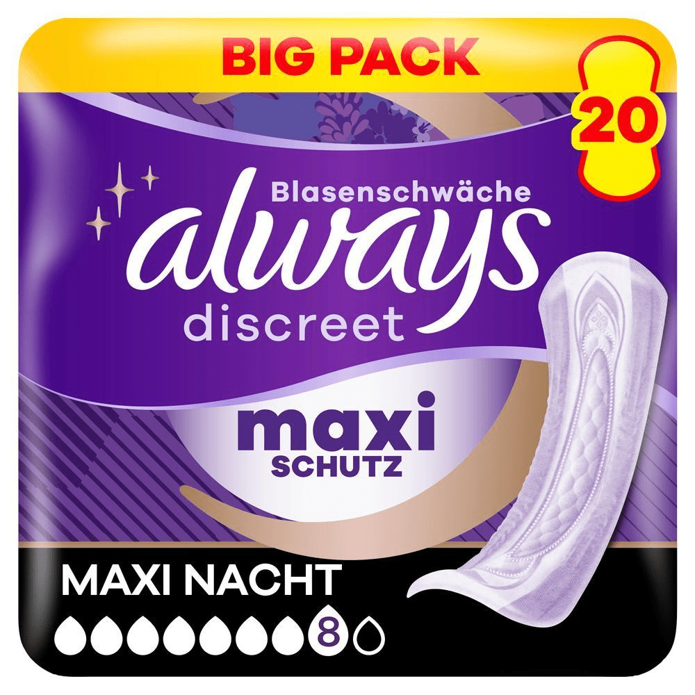 Always Discreet Maxi Nacht Einlagen für Blasenschwäche, 20er Big Pack mit 8 Tropfen Schutz. [EN] Always Discreet pads, size maxi night, 8 drops, 20 count, without wings, sensitive bladder, maxi protection. Plastic pack front pane l in purple, Always logo dark purple. Big pack highlighted at the top in red caps on a yellow banner.