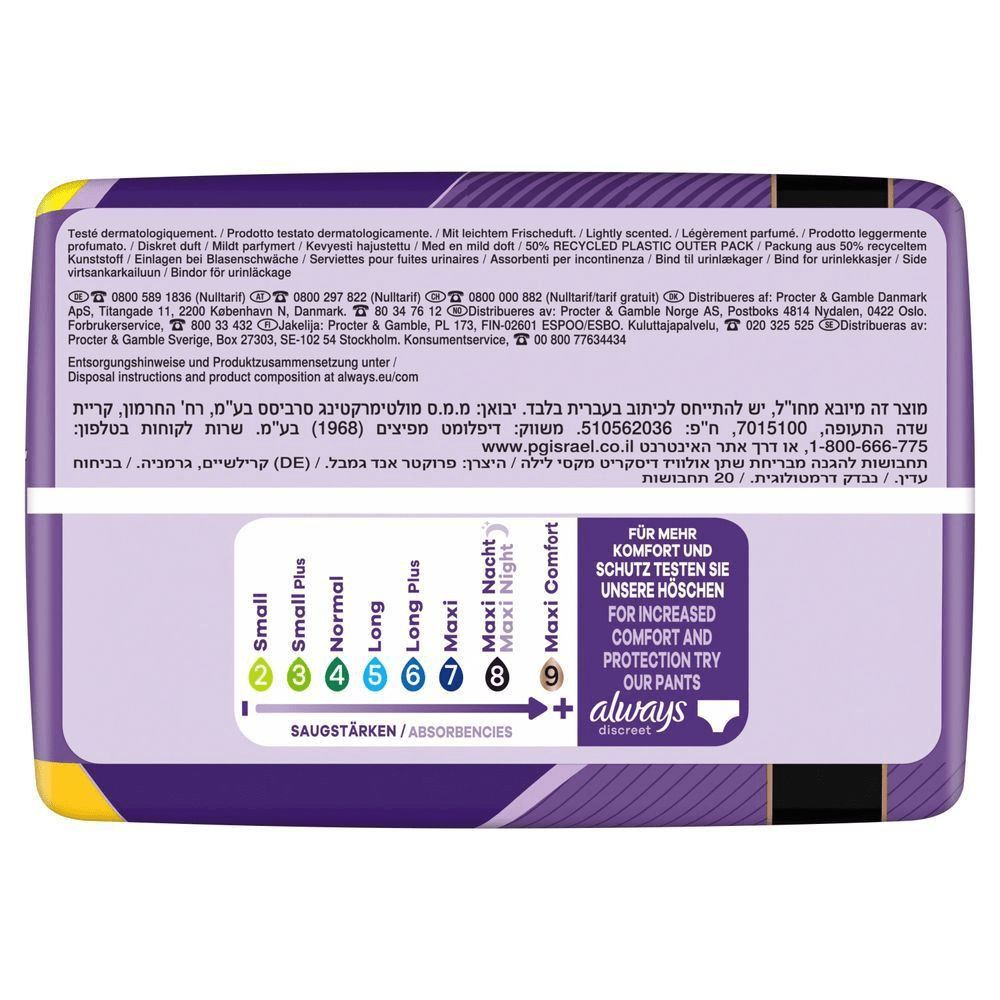 Always Discreet Maxi Nacht Verpackung, zeigt die Saugstärkenskala von Small bis Maxi Comfort.