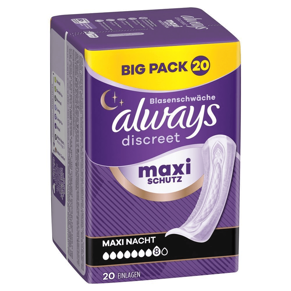 Always Discreet Blasenschwäche Maxi Nacht Einlagen Big Pack 20, mit Maxi Schutz und 8 Tropfen Saugfähigkeit.