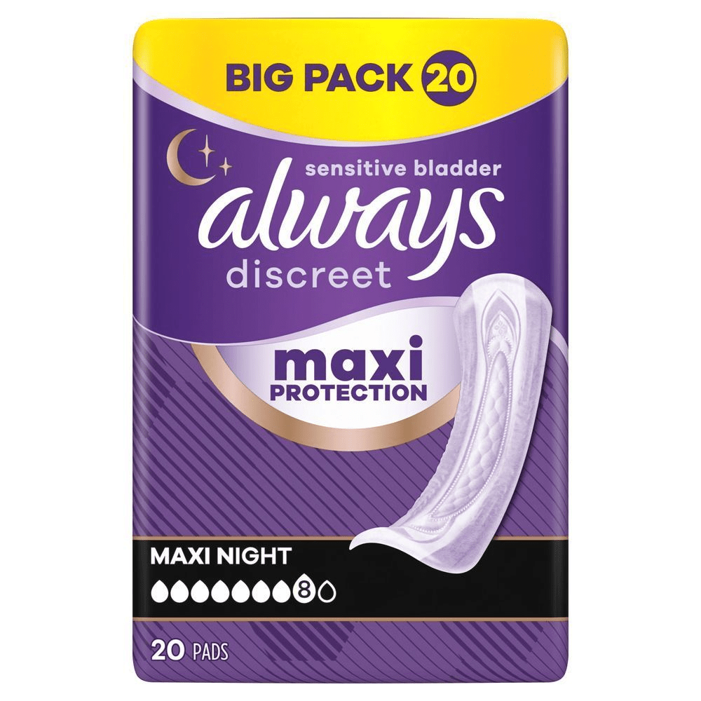 Always Discreet Maxi Night Binden im 20er Big Pack bei Blasenschwäche mit Maxi Schutz.