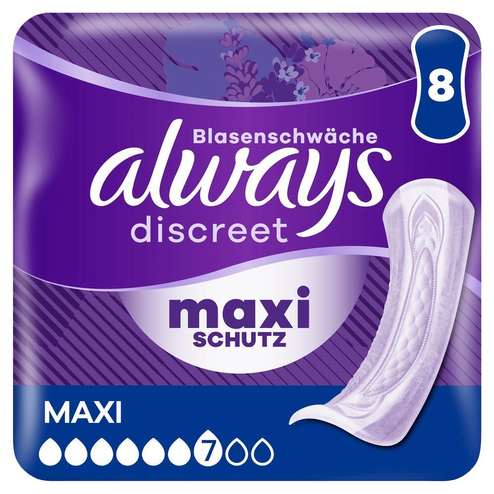 Always Discreet Blasenschwäche Maxi Schutz Packung mit hoher Saugfähigkeit von 7 Tropfen. [EN] Always Discreet pads, size maxi, 7 drops, 8 count, without wings, sensitive bladder, maxi protection. Plastic pack front panel in pu rple, Always logo dark purple.