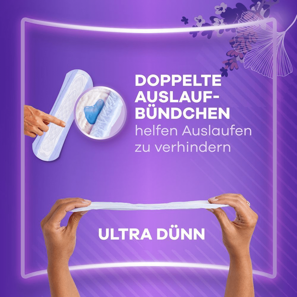 Hände halten eine ultradünne Einlage mit Doppelten Auslaufbündchens, um Auslaufen zu verhindern.
