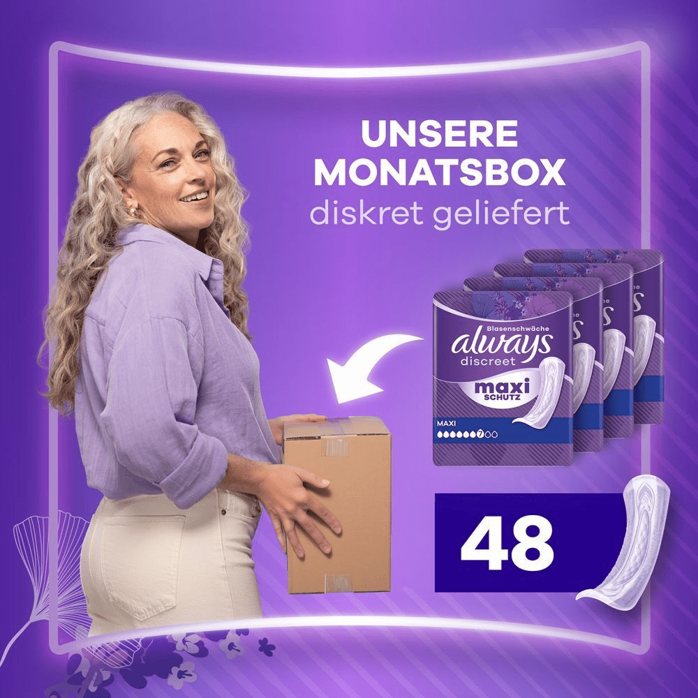 Frau hält ein Discreet Monatspaket in den Händen, welches diskret geliefert wird.