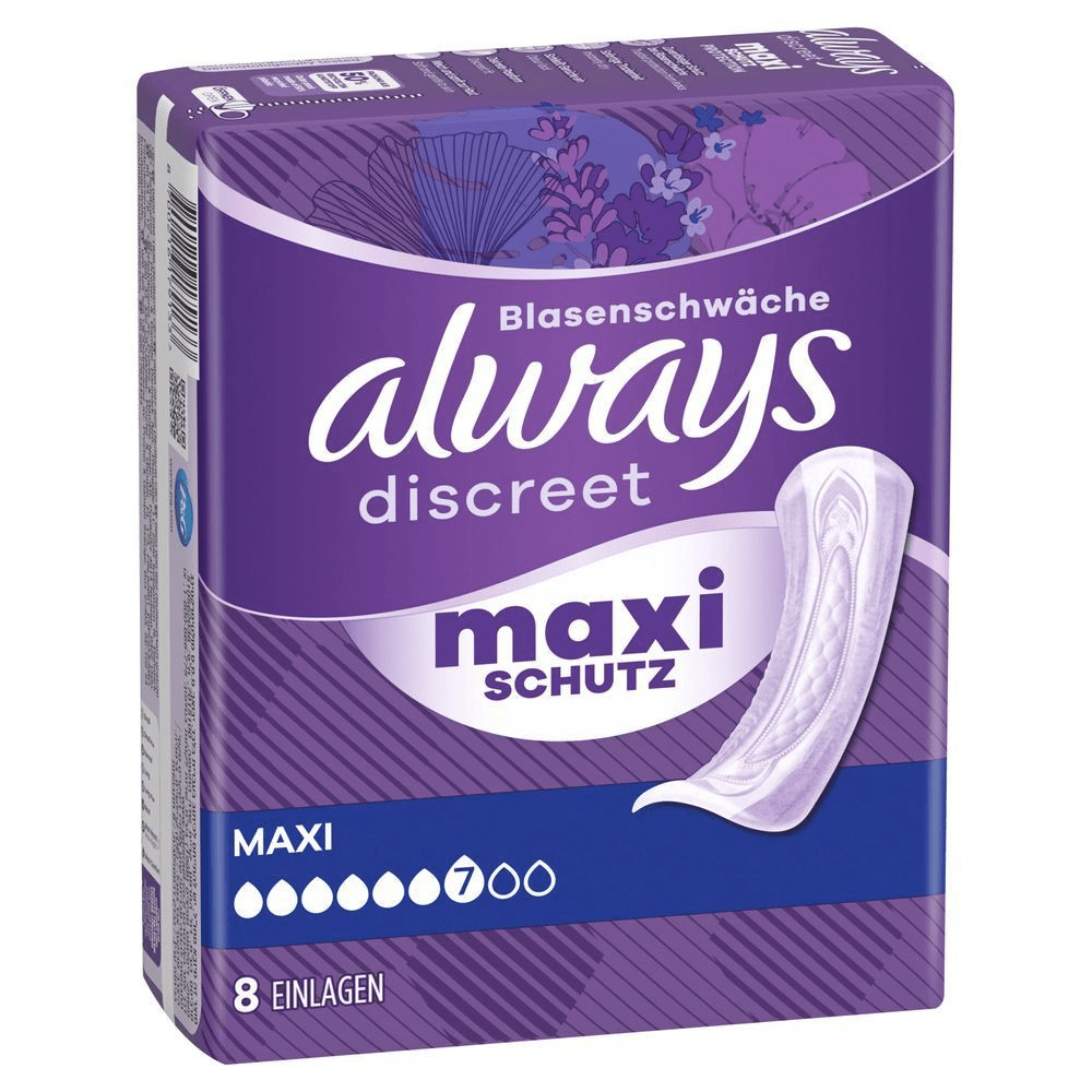 Always Discreet Blasenschwäche Maxi Schutz Einlagen, Packung mit 8 Stück und 7 Tropfen Saugfähigkeit.