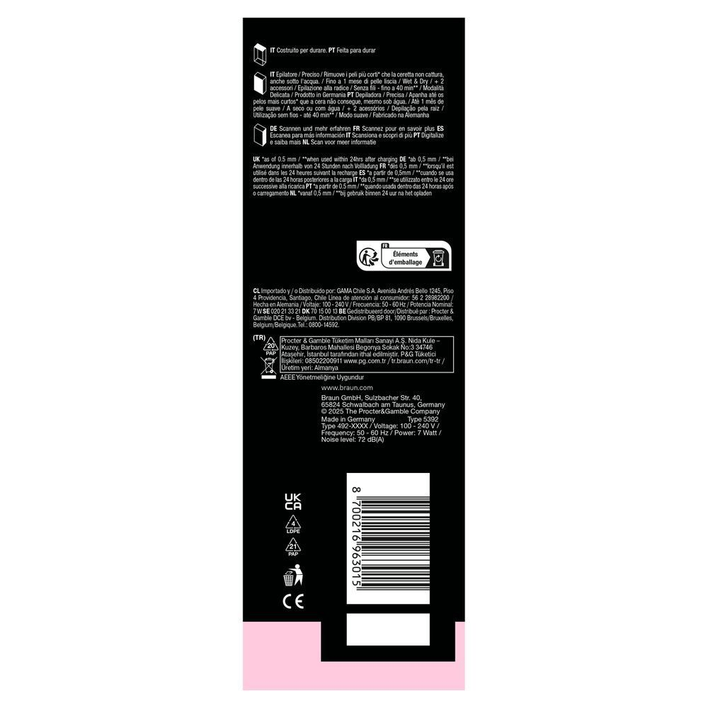 Side panel of Braun Silk-épil 5 pack with manufacturer address.