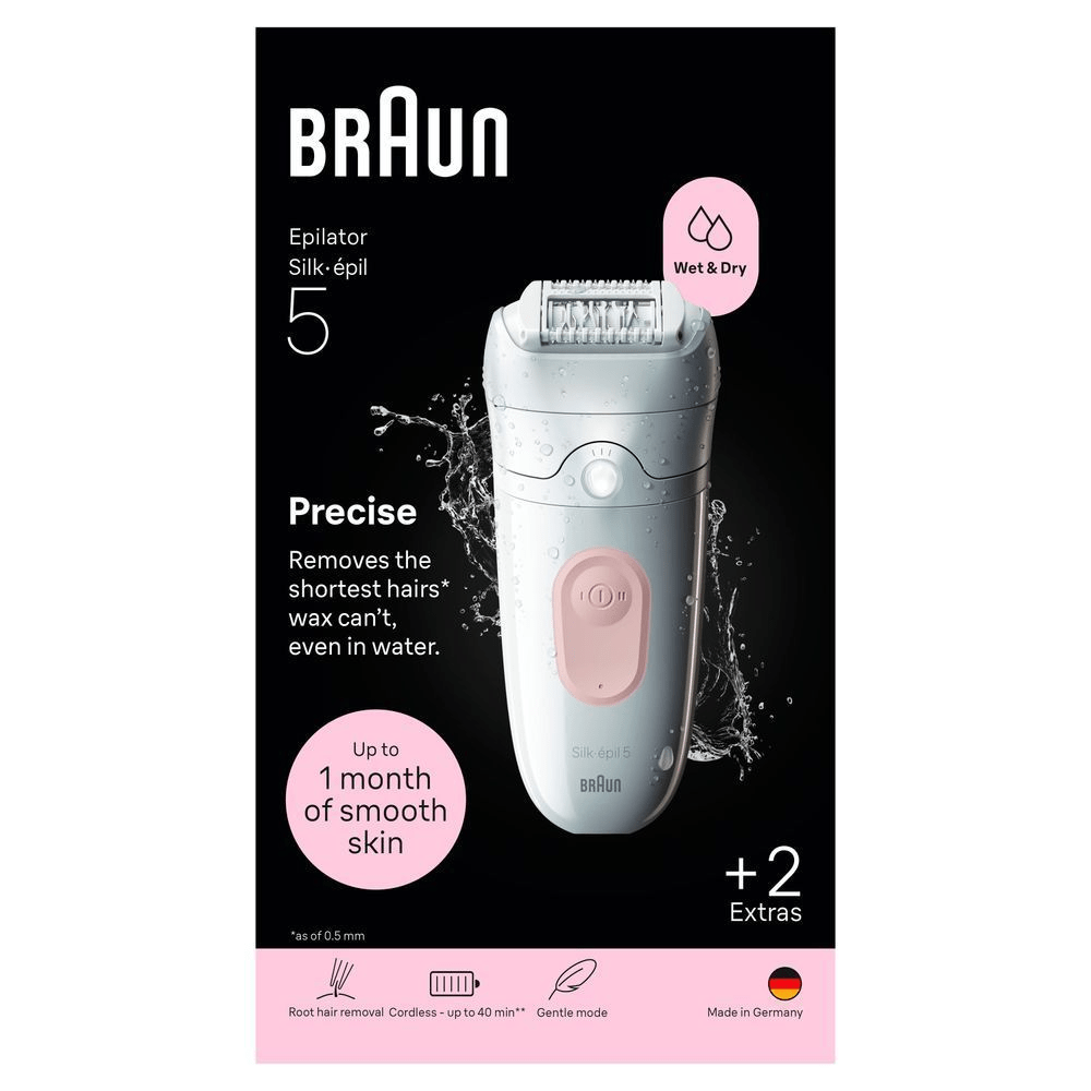 Front-view of Braun Silk-épil 5 pack with claim "Precise. Removes the shortest hairs wax can't even in water."