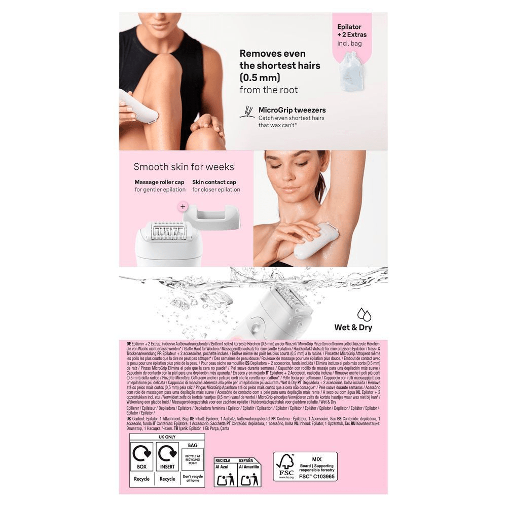 Back panel of the Braun Silk‑épil 5 pack, featuring images of women using the epilator and showcasing all of the Silk‑épil 5's features.