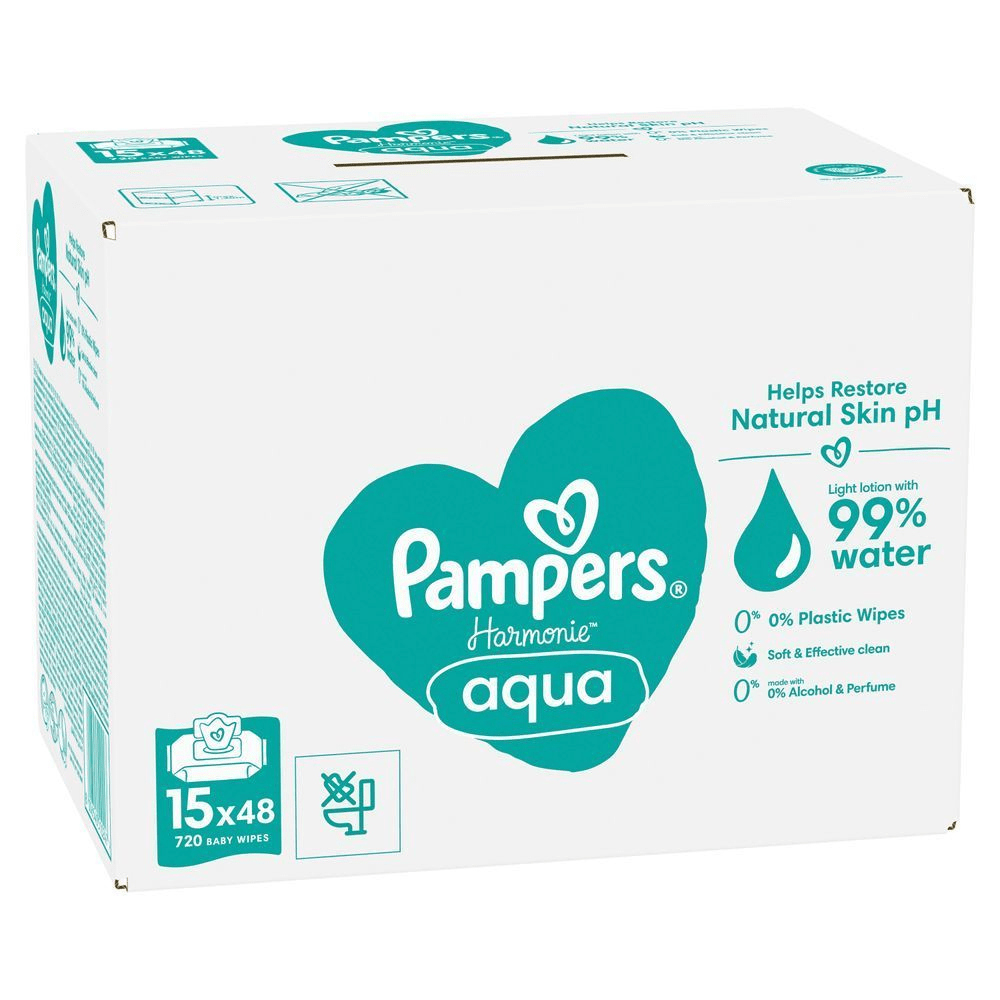 Pampers Harmonie Aqua Feuchttücher, 15x48 Packung, mit dem Hinweis "Leichte Lotion mit 99% Wasser". [RO] Pampers Harmonie Aqua, cutie cu 15 pachete x 48 bucăți, loțiune delicată cu 99% apă, ajută la restabilirea pH-ului natural al pielii. [IT] Pampers Harmonie Aqua, confezione da 15 pacchi x 48 salviette, con formula delicata con il 99% di acqua. [HR] Pampers Harmonie Aqua vlažne maramice, pakiranje od 15x48 komada, s naglaskom na formulu s 99% vode. [CS] Pampers Harmonie Aqua dětské ubrousky v balení 15x48, s lehkým lotionem obsahujícím 99 % vody. [HU] Pampers Harmonie Aqua törlőkendők kiszerelése, mely kiemeli a 99%-os víztartalmat és a természetes bőr pH-jának helyreállítását. [SK] Pampers Harmonie Aqua vlhčené obrúsky, balenie 15x48, s ľahkou pleťovou vodou s 99% obsahom vody. [SL] Pampers Harmonie Aqua vlažilni robčki, pakiranje 15x48, z oznako, da vsebujejo 99% vode in ne vsebujejo plastike, alkohola ali parfumov.;