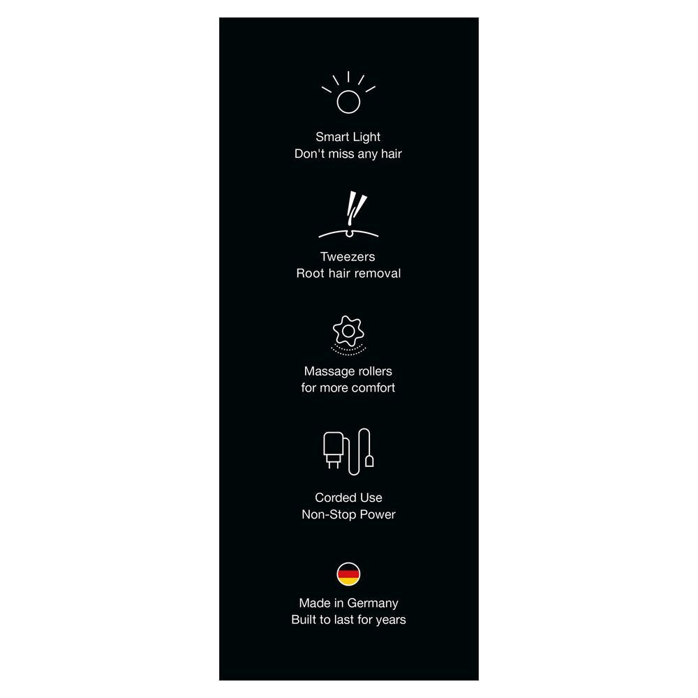 Braun Epilierer Produktverpackung : Funktionen wie Smart Light, Pinzetten für die Haarentfernung und Massagerollen. [RO] Avantaje Braun: lumină inteligentă, pensete pentru rădăcină, role de masaj și utilizare cu fir.;