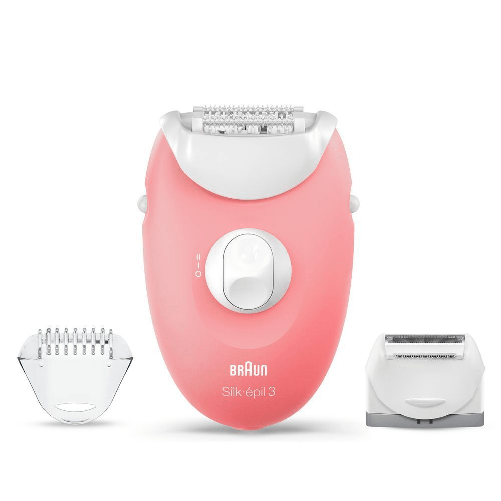 Braun Silk-épil 3 Epilierer in Rosa, zusammen mit zwei Aufsätzen für verschiedene Anwendungsbereiche. [RO] Braun Silk-épil 3 epilator roz, prezentat cu capetele de epilare și de masaj incluse.;