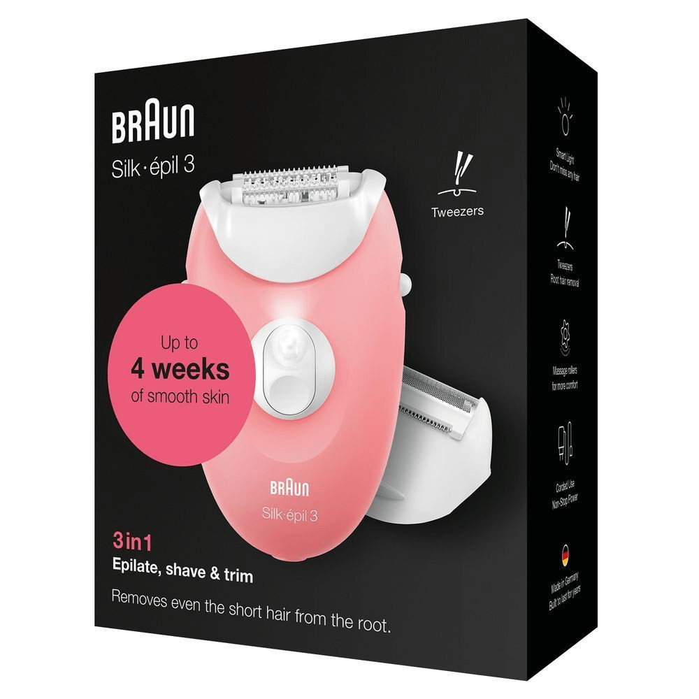 Braun Silk-épil 3 Epilierer Verpackung, hervorgehoben mit dem Versprechen von bis zu 4 Wochen glatter Haut. [RO] Braun Silk-épil 3, prezentat pe cutia sa, evidențiind promisiunea de până la 4 săptămâni de piele fină.;