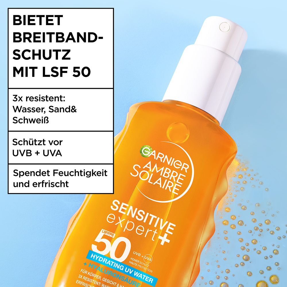 Bild: GARNIER AMBRE SOLAIRE Sensitive Expert + Hydrating UV Water LSF 50 