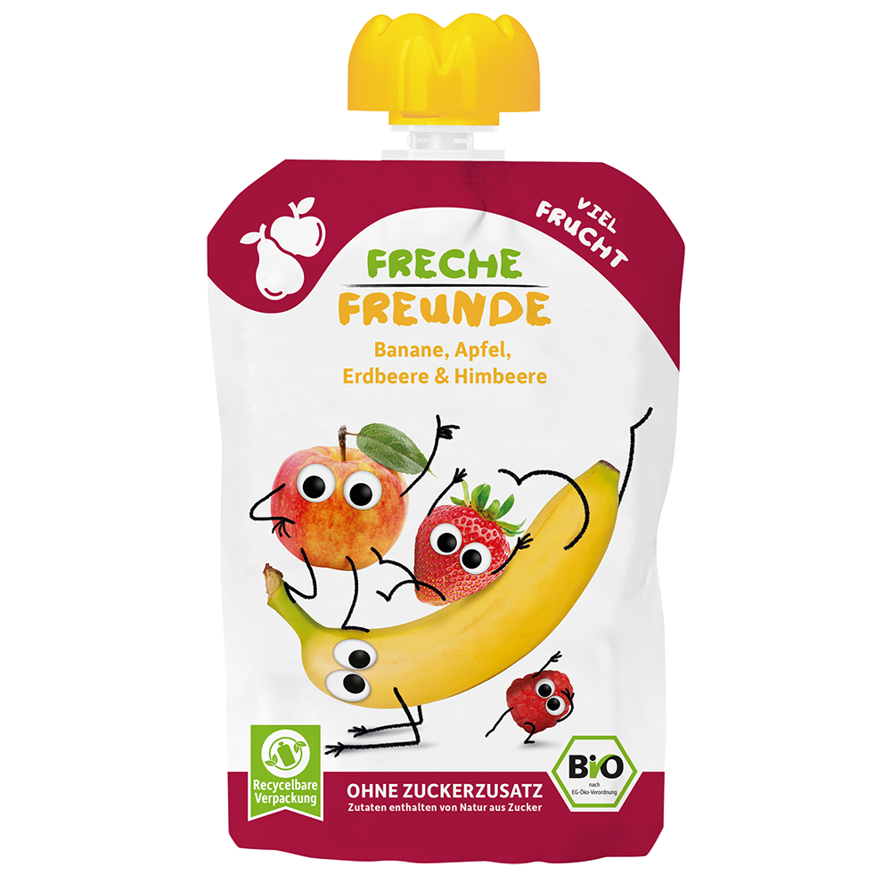 Bild: Freche Freunde Quetschie Banane, Apfel, Erdbeere und Himbeere 