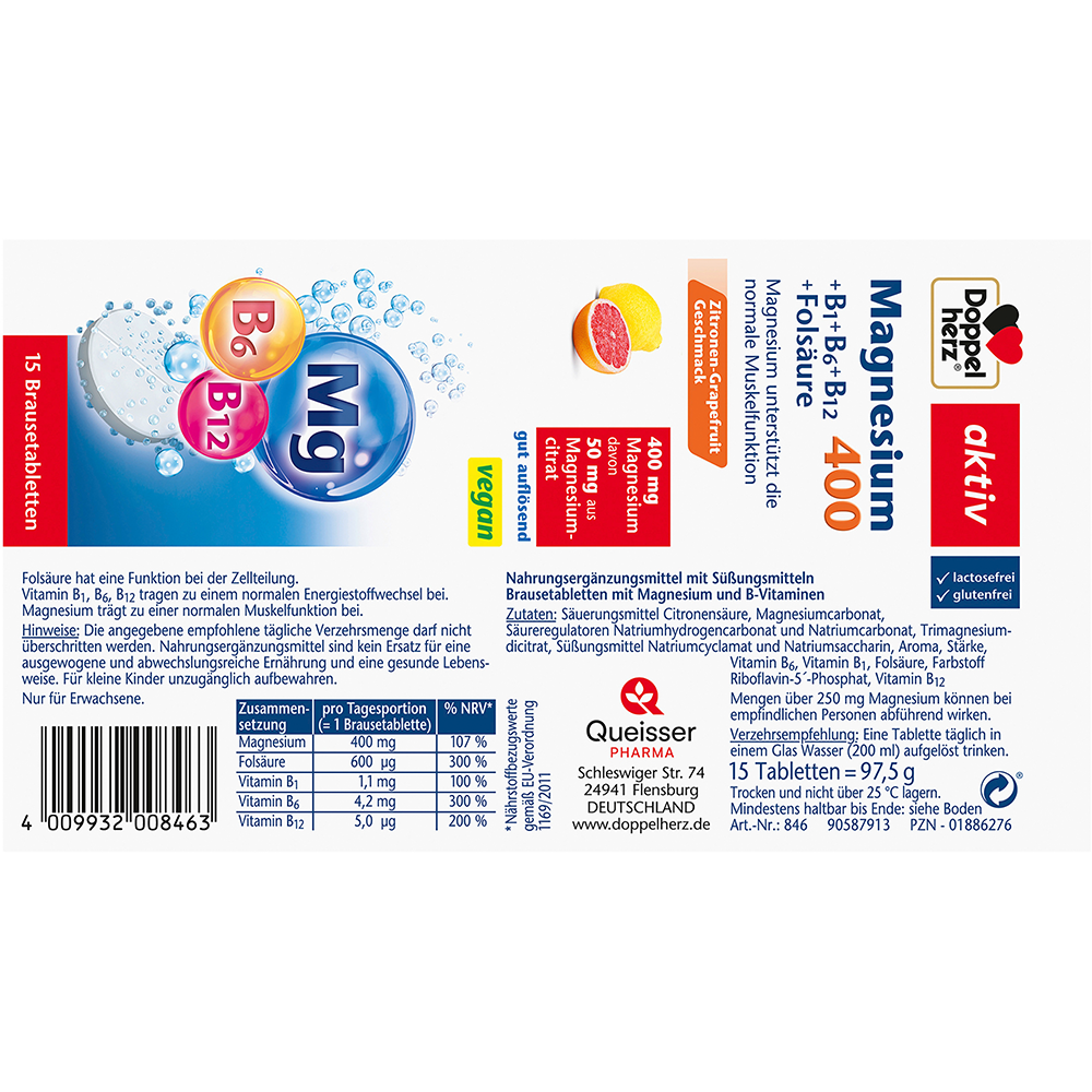 Bild: DOPPELHERZ Magnesium 400 + B1 + B6 + B12 + Folsäure Brausetabletten 