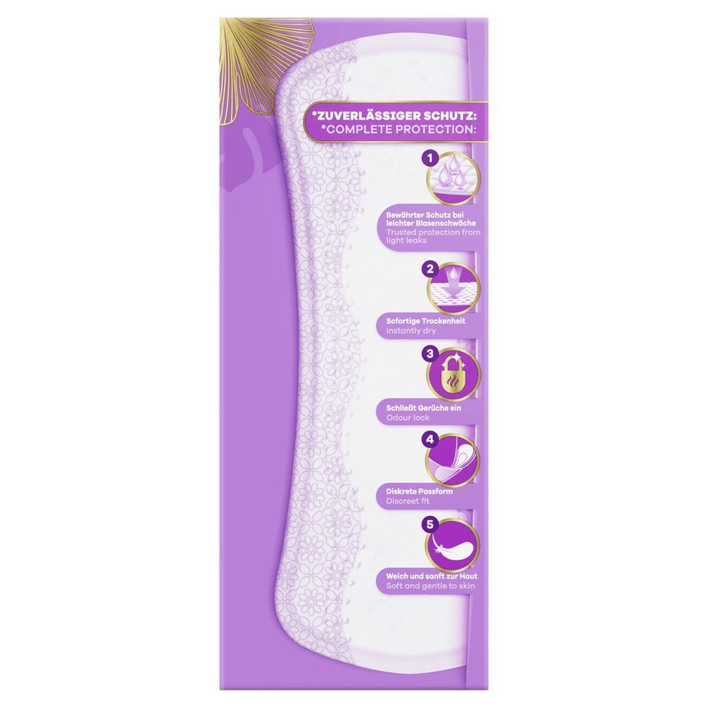 Always Einlage mit Verpackung, die "Zuverlässiger Schutz" bei Blasenschwäche verspricht.;