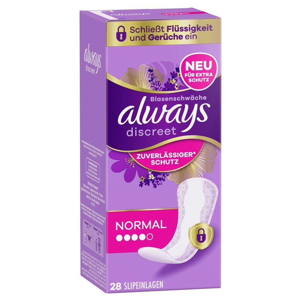 Always Discreet Slipeinlagen, 28 Stück, mit dem Hinweis, dass sie Flüssigkeit und Gerüche einschließen. Neu: Für extra Schutz.;